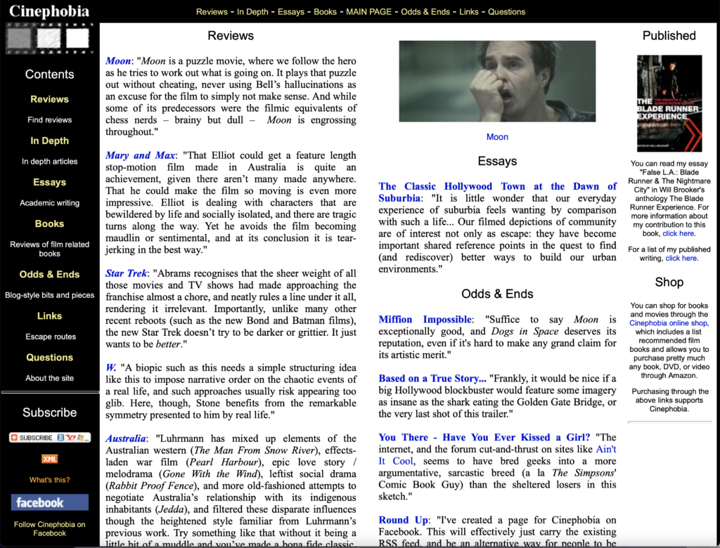 Screenshot of Cinephobia.com from 2010