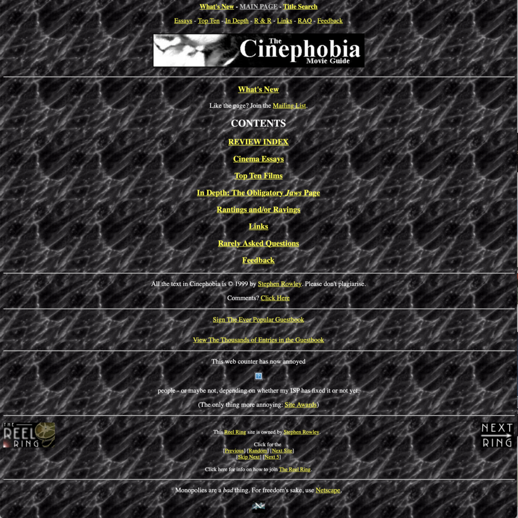 Screenshot of old website (Cinephobia.com)