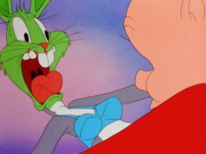 Image of Bugs Bunny wearing a bra form the cartoon Corny Concerto 