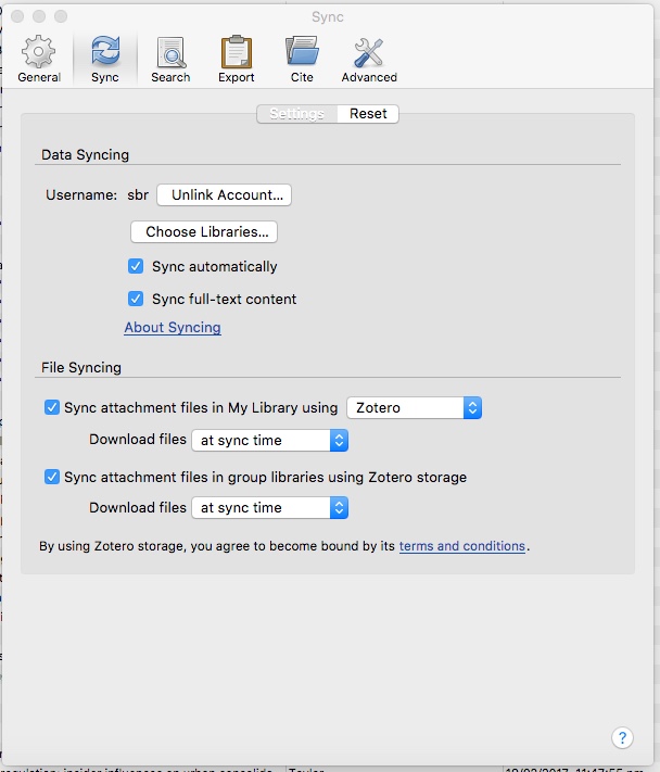 Zotero Sync Settings.