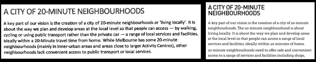 Revised description of the 20 minute neighbourhood, removing idea that the trip had to be non-car based. Click to enlarge.