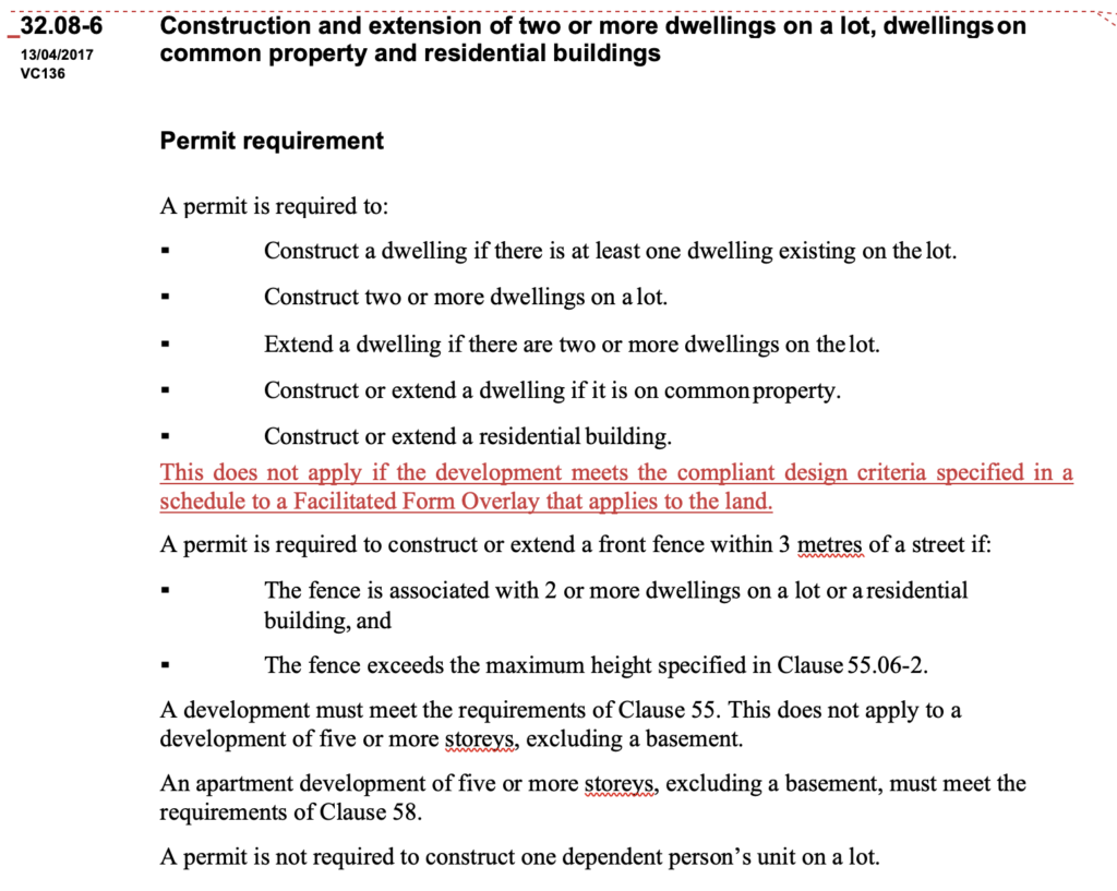 Sample text of the General residential zone trigger, showing it exempting development that complies with criteria specified in an FFO.