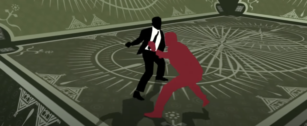 Image of James Bond fighting a man in a playing card-inspired setting from the Casino  Royale title sequence
